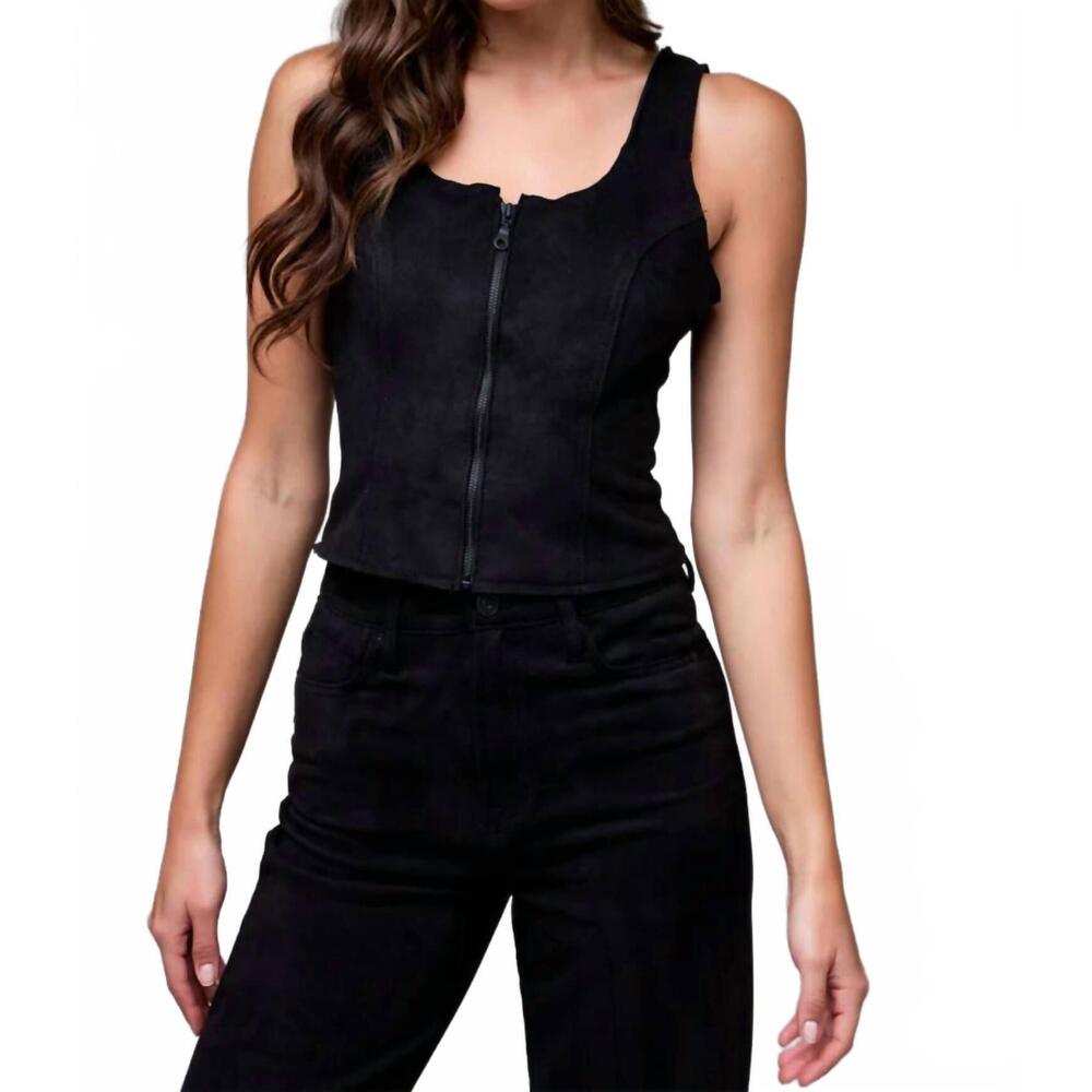 NEW HIDDEN suede bodycon front zipper top in black